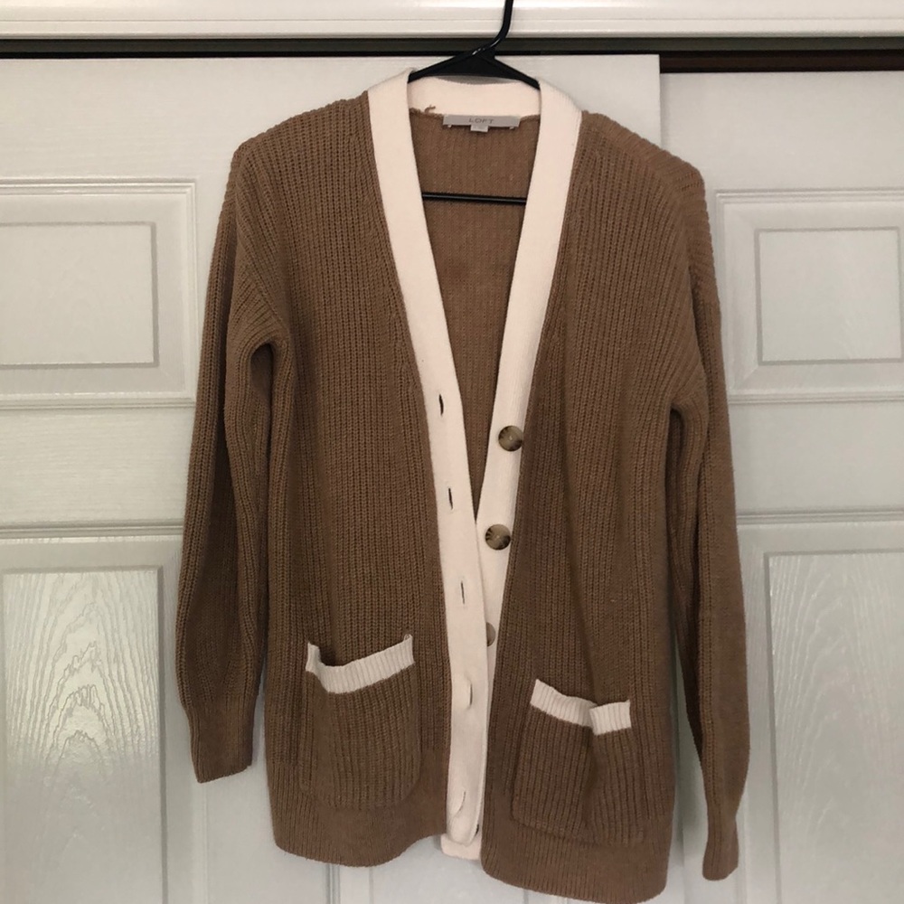 Brown Knit Loft Cardigan with Cream Accents